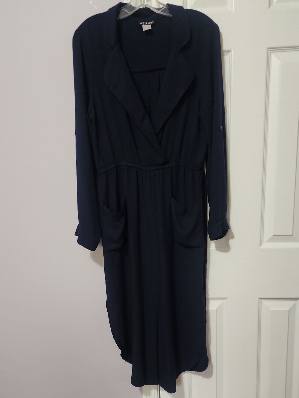 VENUS Dark Navy Long Sleeve Midi Dress with Shawl Collar
